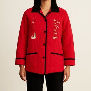 Desert Heat Red Quilted Jacket  Velvet Trim & Holiday Embroidery Women’s XL